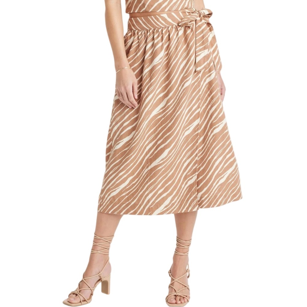 A New Day Women’s Zebra Linen Wrap Midi Skirt Brown Tan L EUC Vacation Summer